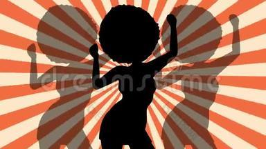 <strong>舞蹈</strong>剪影非洲女人。 反向射线。 迪斯科。 平面循环<strong>动画</strong>。